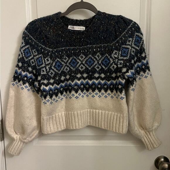 Zara Fair Isle Sweater knit Women's S crop Puff Sleeve Wool Alpaca blend Nordic - Picture 1 of 8